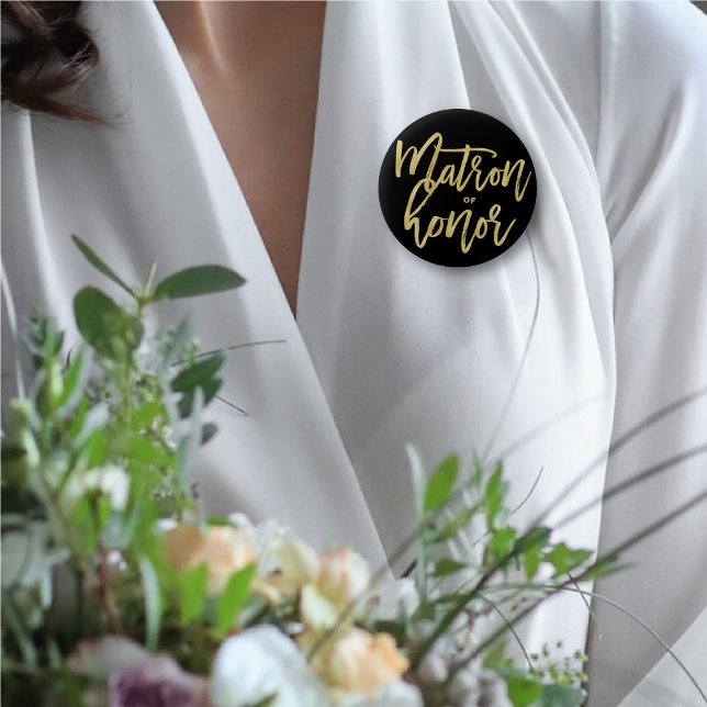 Matron of Honor Gold Script Brautparty Wedding Button ('Matron Of Honor' Gold Brush Script Calligraphy Bridal Party Wedding Pin Button @ fatfatin_blue_knot)