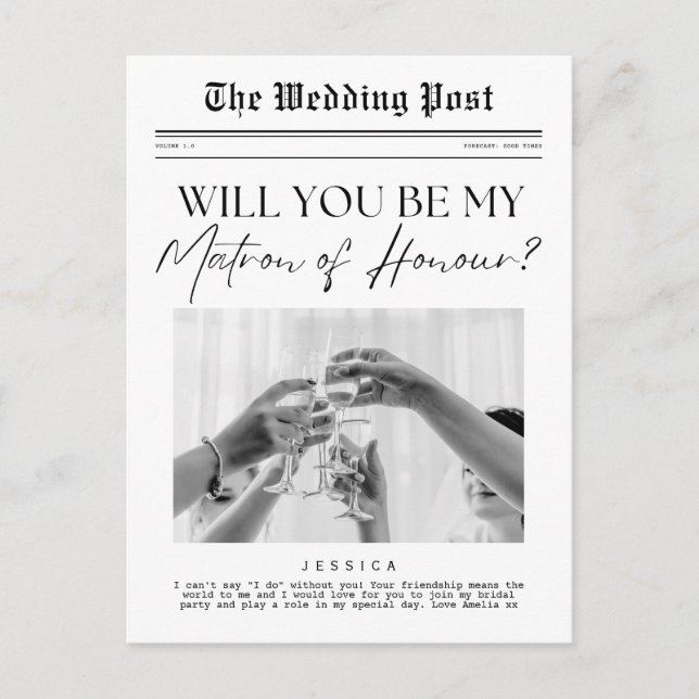 Matron of Honor Vorschlag, UK Custom Newspaper Postkarte (Vorderseite)