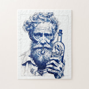 Matrose, der eine Flasche mit einem kleinen Modell