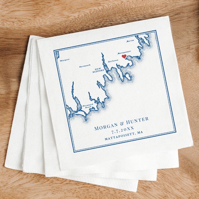 Mattapoisett MA Elegant Navy Blue Wedding Serviette (Mattapoisett Wedding Cocktail Napkins in elegant navy blue by Coastal Map Designs)