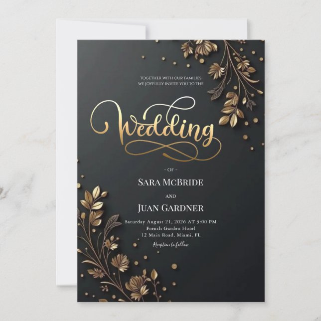 Matte Black & 3D Gold Leaf Botanical Motifs Einladung (Vorderseite)