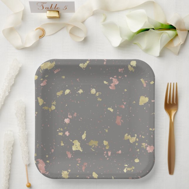 Matte Gold und Rose Gold Flakes Dunkelgrau Pappteller (Hochzeit)