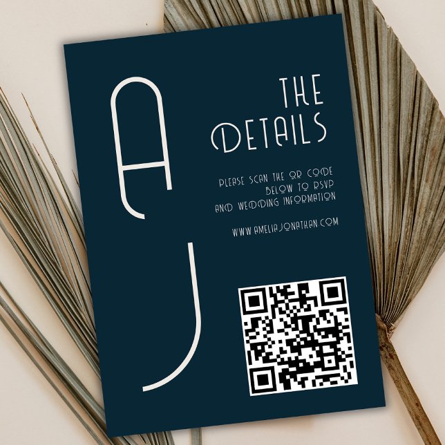 Matte Monogramm Minimal QR-Code Hochzeit Navy Blau Begleitkarte (Von Creator hochgeladen)
