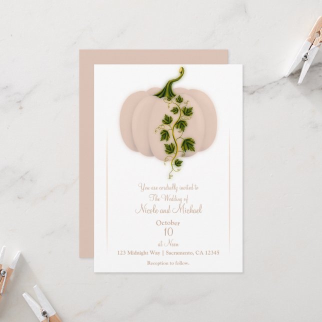 Matte Pink Pumpkin Storybook Hochzeit im Herbst Einladung (Vorderseite/Rückseite Beispiel)