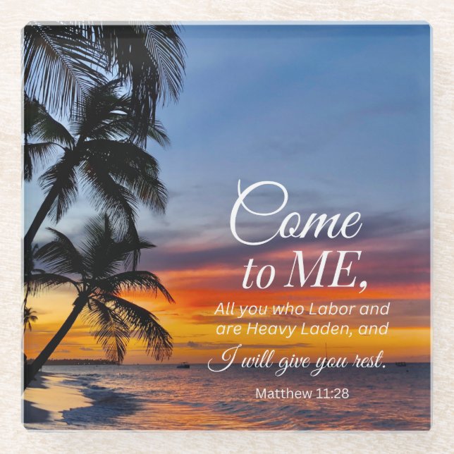 Matthew 11:28 Bibel Verse Palmen Sonnenuntergang Glasuntersetzer (Vorderseite)