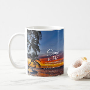 Matthew 11:28 Bibel Verse Palmen Sonnenuntergang Kaffeetasse