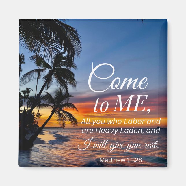 Matthew 11:28 Bibel Verse Palmen Sonnenuntergang Magnet (Vorne)