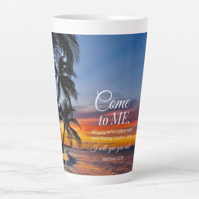 Matthew 11:28 Bibel Verse Palmen Sonnenuntergang Milchtasse (Vorderseite)