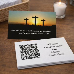Matthew 11:28 Three Cross Sunset QR-Code Visitenkarte