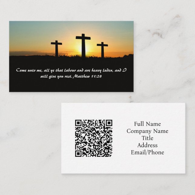 Matthew 11:28 Three Cross Sunset QR-Code Visitenkarte (Vorne/Hinten)
