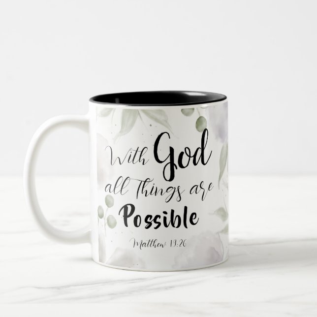 Matthew 19:26 Moderne Schwarz Rosa Grüne Blüte Zweifarbige Tasse (Links)