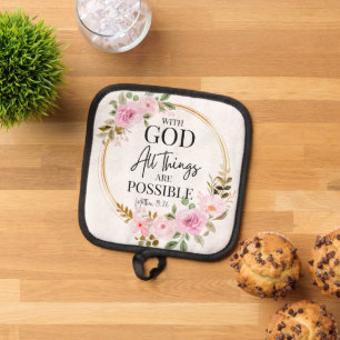 Matthew 19:26 Möglich mit Gott Pink Floral Topflappen