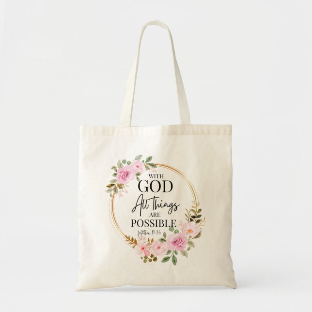 Matthew 19:26 Möglich mit Gott Pink Floral Tragetasche (Vorne)