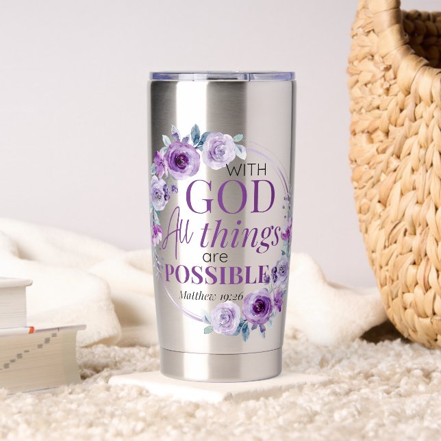 Matthew 19:26 Possible with God Purple Floral Thermobecher (Wohnzimmer (gedreht))