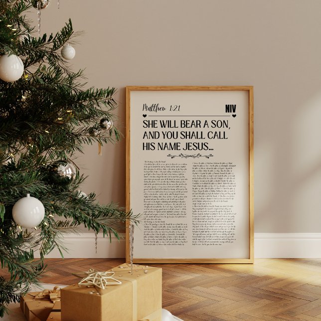 Matthew 1:21 Weihnachtsmauer Print Poster (A framed Christian scripture print with text from psalm Matthew 1:21 in bold black on a beige paper.)