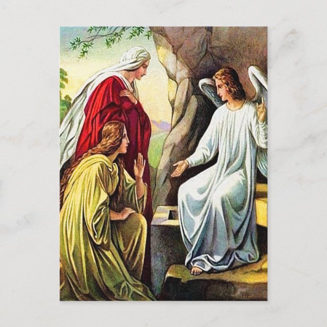 Matthew 28:1-7 Er ist nicht hier, ist er aufgewach Postkarte (Vorderseite)
