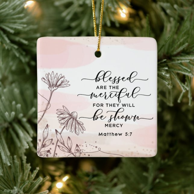 Matthew 5:7 Gesegnet sind die barmherzige Bibelver Keramikornament (Baum)