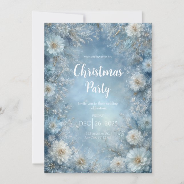 Mattiert Blue Winter Floral Weihnachten Einladung (Vorderseite)
