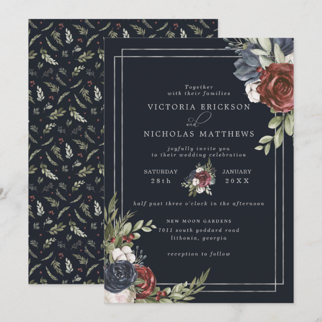 Mattiert Florals | Botanische Winterhochzeit Einladung (Vorne/Hinten)