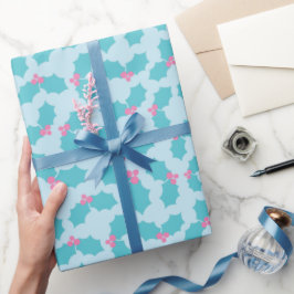 Mattiert Türkis Mistletoe Pink Berries Blau Geschenkpapier