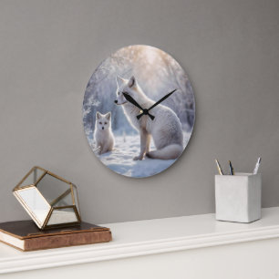 "Mattierte Anleihen: The Arctic Fox and their Cub" Große Wanduhr