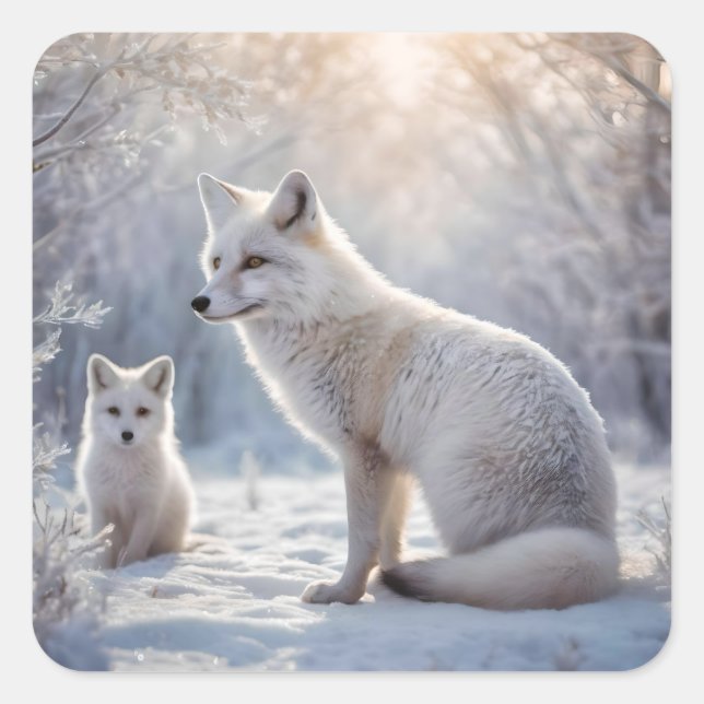 "Mattierte Anleihen: The Arctic Fox and their Cub" Quadratischer Aufkleber (Vorderseite)