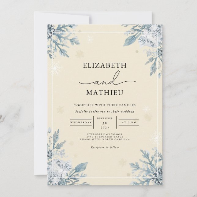 Mattierte Azure Botanical Winter Wedding Einladung (Vorderseite)