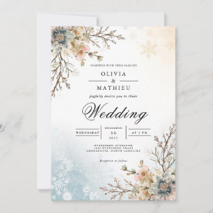 Mattierte Blaue Botanische Winterhochzeit Einladung