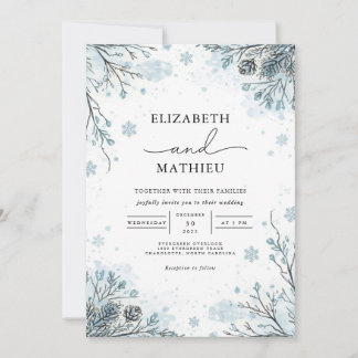 Mattierte Blaue Botanische Winterhochzeit Einladung