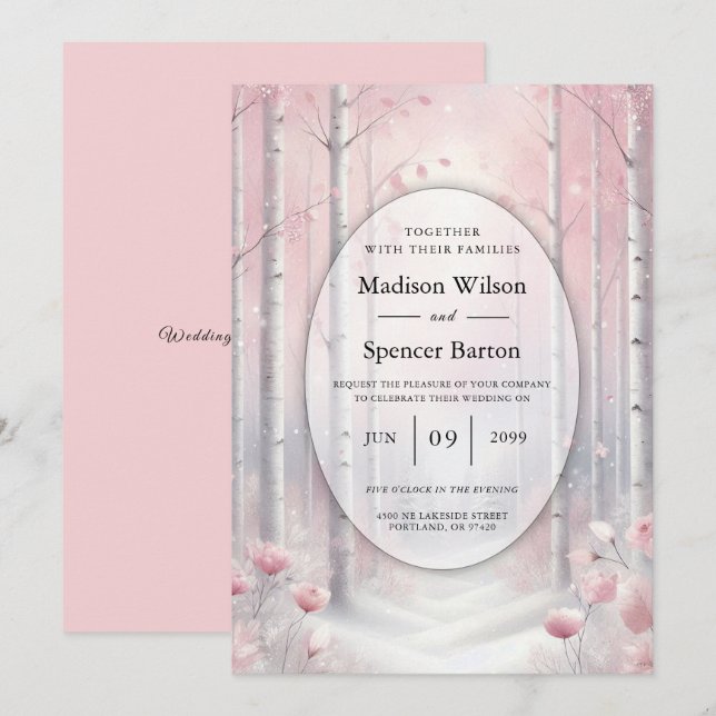 Mattierte Petals bei einer Winterwoodlandhochzeit Einladung (Vorne/Hinten)