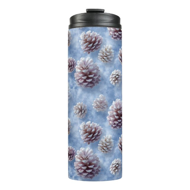Mattiertes Blaues Pinecones Muster Kissen Thermosbecher (Vorderseite)