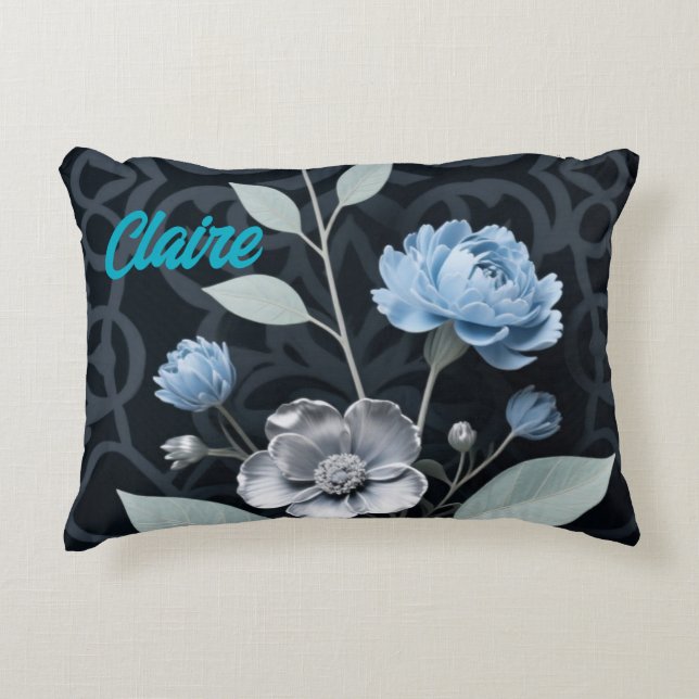 Mattiertes Winter Floral, Icy Blue & Silver Muster Dekokissen (Vorderseite)
