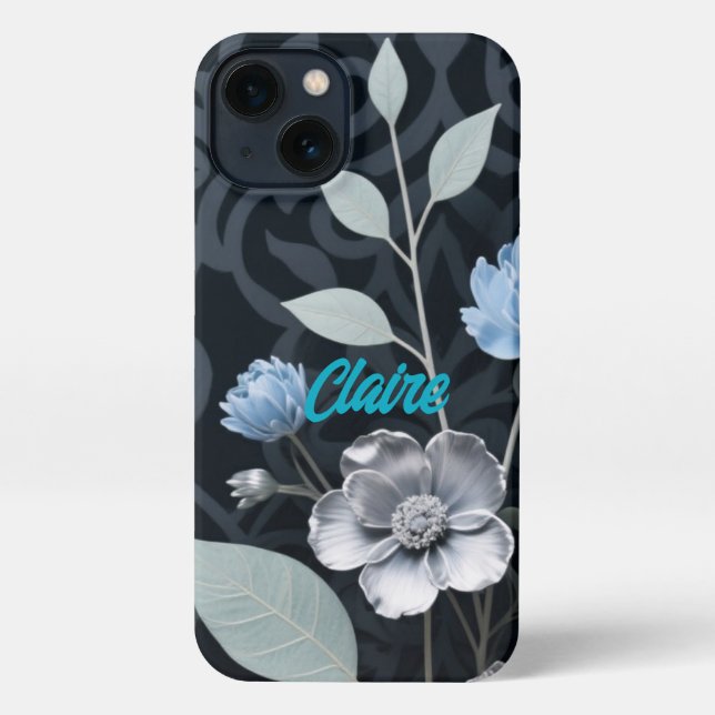 Mattiertes Winter Floral, Icy Blue & Silver Muster iPhone Hülle (Rückseite)