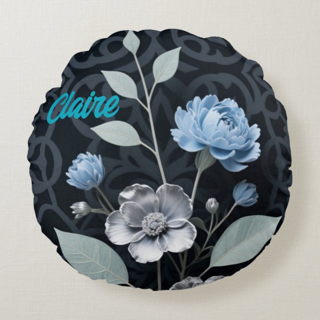 Mattiertes Winter Floral, Icy Blue & Silver Muster Rundes Kissen (Vorderseite)