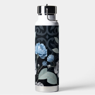 Mattiertes Winter Floral, Icy Blue & Silver Muster Trinkflasche