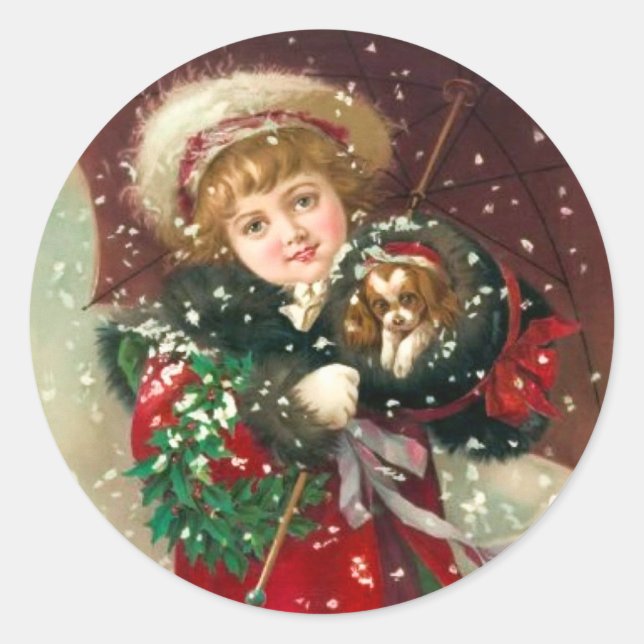 Maud Humphrey's Winter Girl mit Hund Runder Aufkleber (Vorderseite)