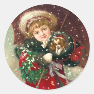 Maud Humphrey's Winter Girl mit Hund Runder Aufkleber