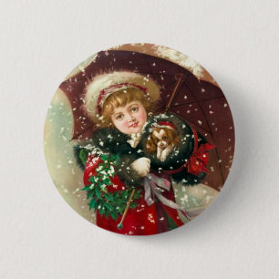 Maud Humphreys Winter-Mädchen mit Hund Button
