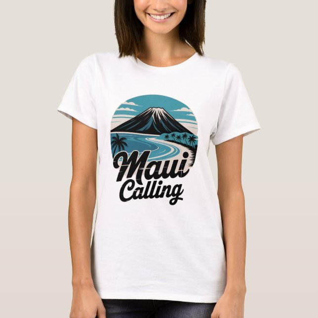 Maui Calling - Rétro Hawaiian Sunset Beach T-Shirt (Devant)