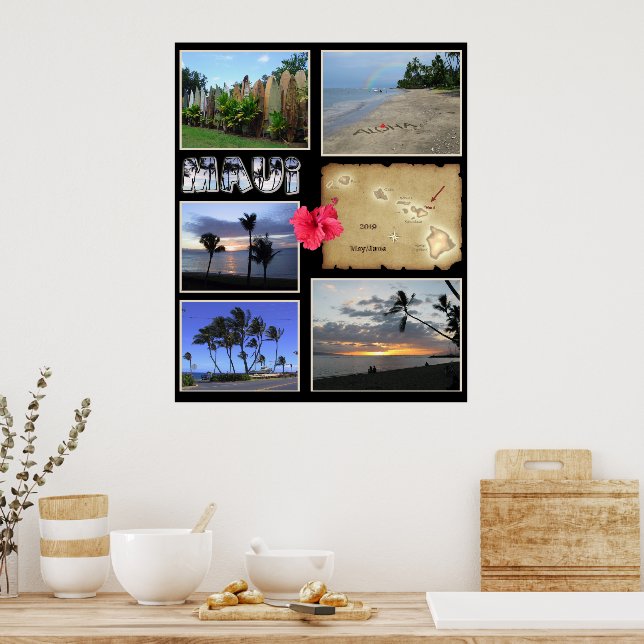 Maui Collage mit Ihren Fotos und Datum Poster (Küche)