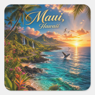 Maui Hawaii Tropische Küstenlinie Reiseplakat Quadratischer Aufkleber