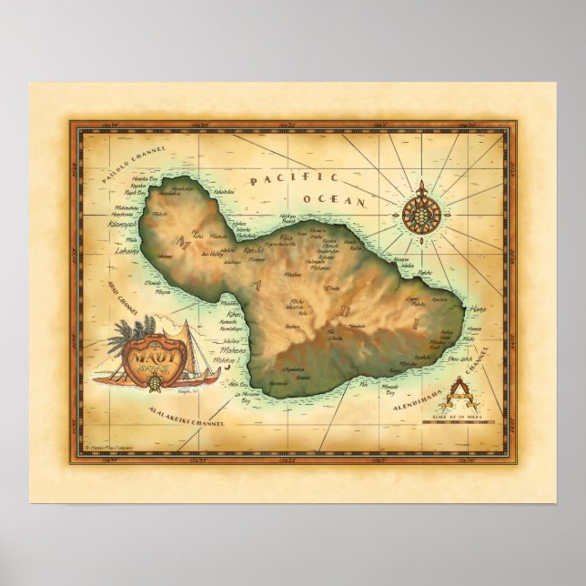 Maui Karte der Hawaiianischen Inseln Poster (Vorne)