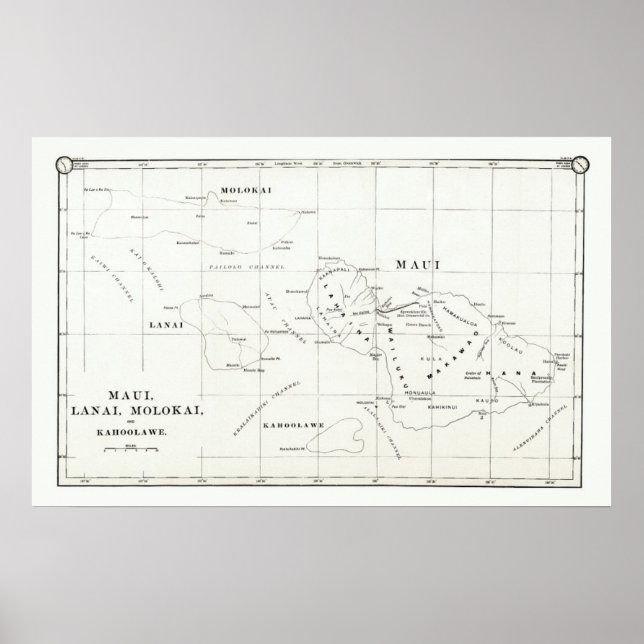 Maui, Lanai, Molokai, Kahoolawe Vintag Map 1890 Poster (Vorne)