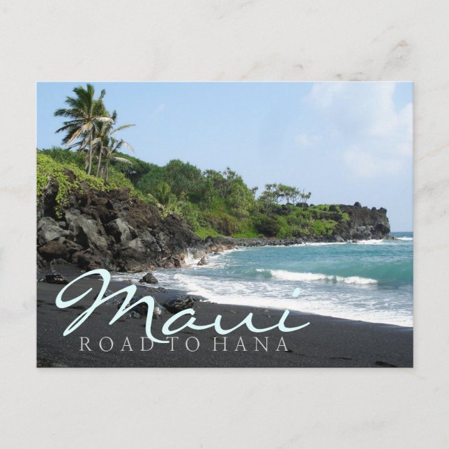 Maui Road to Hana noir sable plage texte carte pos (Devant)