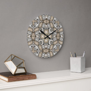 Maulwurfbraun Grau Beige Boho Kunst-Motiv Große Wanduhr