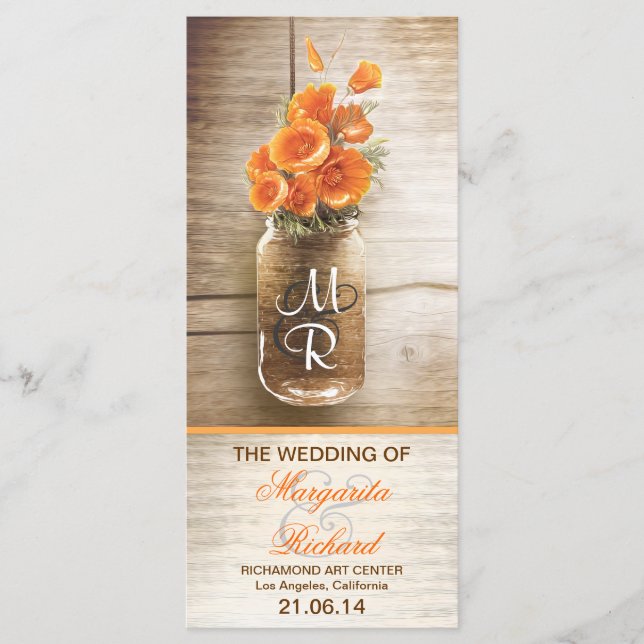 Maurerjar mit orangefarbenen Blume Hochzeitsprogra Programm (Vorderseite)