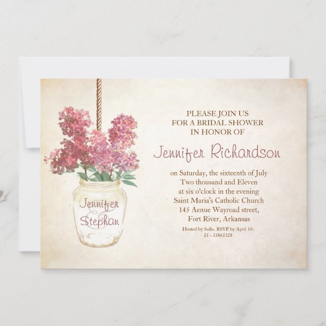 Maurerjar & rosa Lilacke Brautdusche Einladung (Vorderseite)