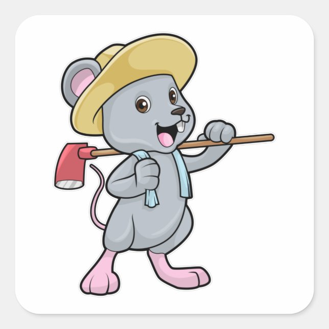 Maus als Bauer mit Ax & Hat Quadratischer Aufkleber (Vorderseite)