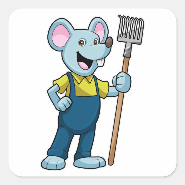 Maus als Bauer mit Rake Quadratischer Aufkleber (Vorderseite)