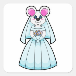 Maus als Braut mit Haufen Blume Quadratischer Aufkleber